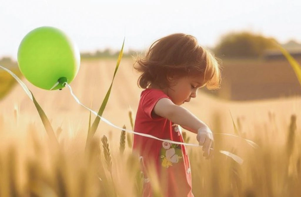 Barn med grøn ballon i en kornmark