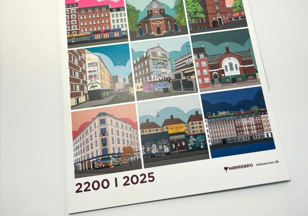 Kalender for Nørrebro 2025 med illustrationer af lokale bygninger